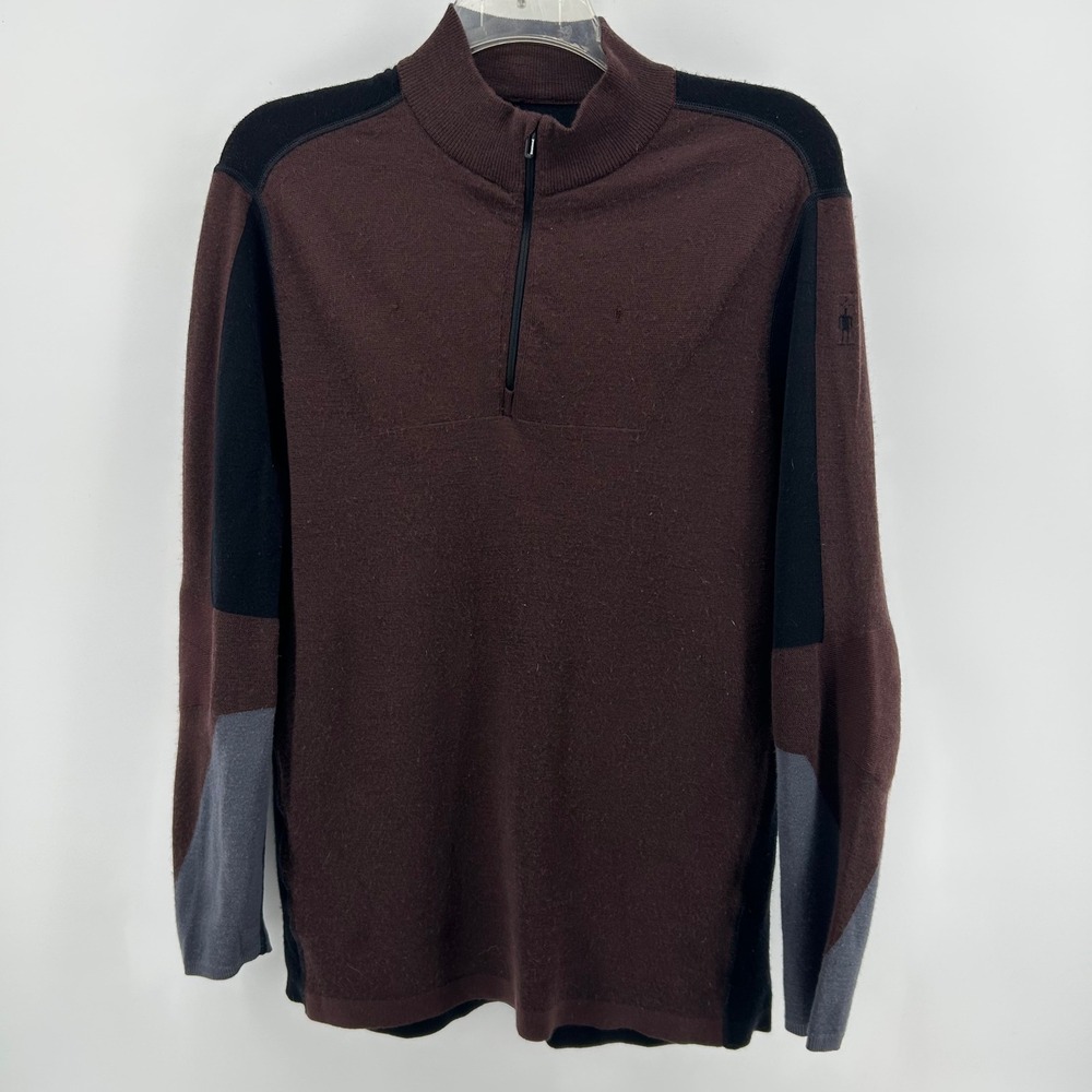 Smartwool Intraknit 250 Pullover Mens XL Brown Black 1/4 Zip Wool Base Layer